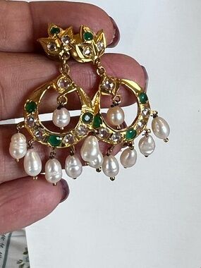 Real Pearl Gold-Tone Pearl & Green Stone Chandelier Earrings